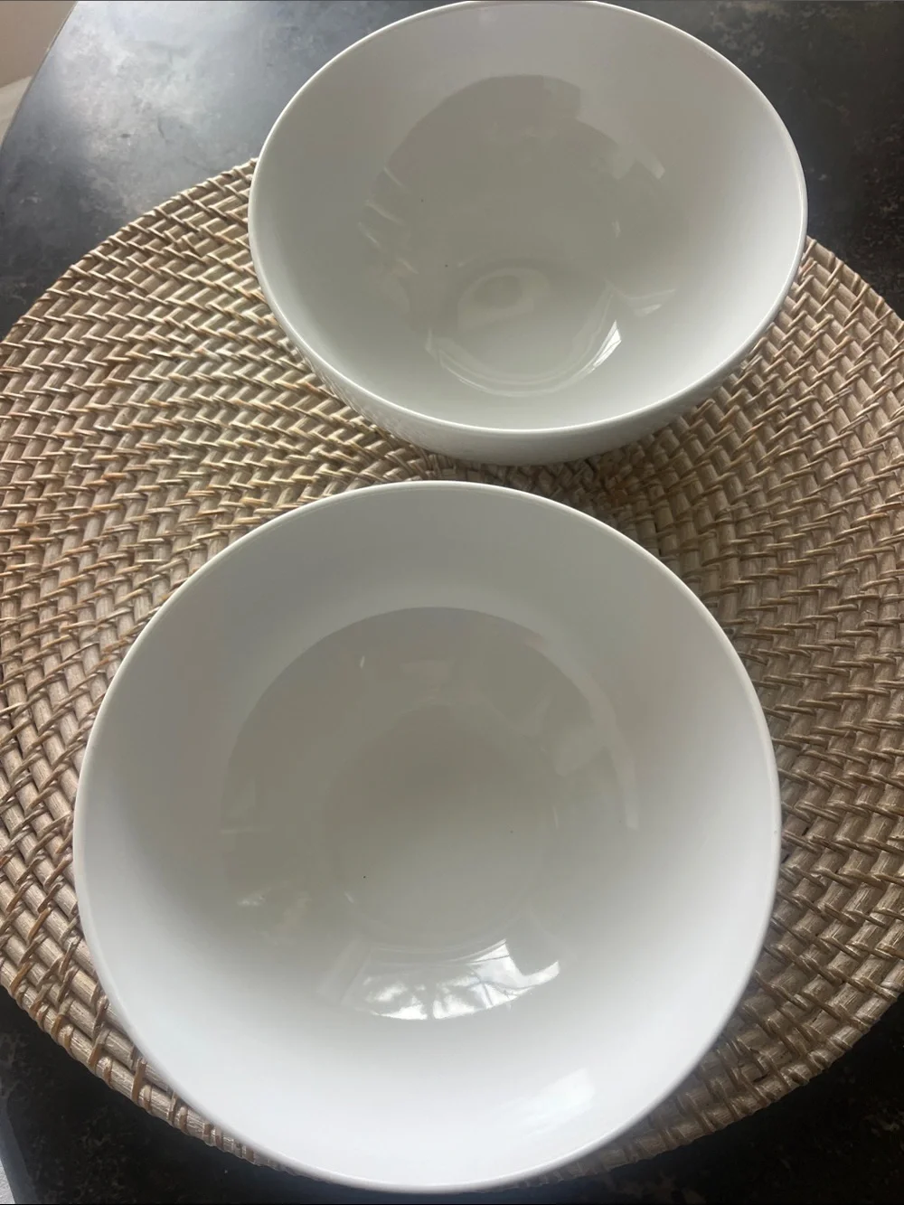 Crate & Barrel set of two white porcelain 7 inch round soup/salad bowls